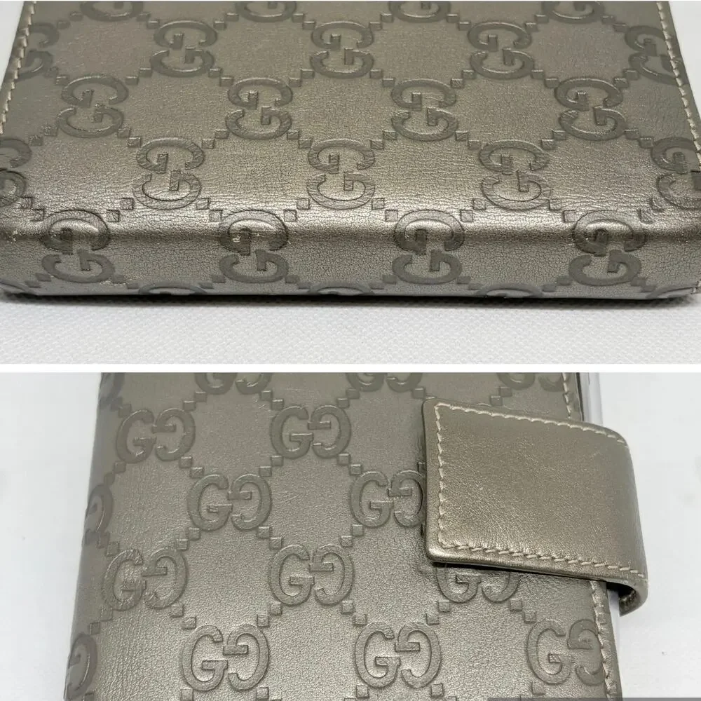 Gucci Guccissima Bronze Pewter Leather 6-Ring Agenda Planner w/ Pen & Pouch